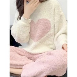 Women's Pajamas Loungewear 2 Pieces Heart Warm Comfort Home Daily Fleece Warm Breathable Crew Neck Long Sleeve Pullover Pant Fall Winter Home Outfits