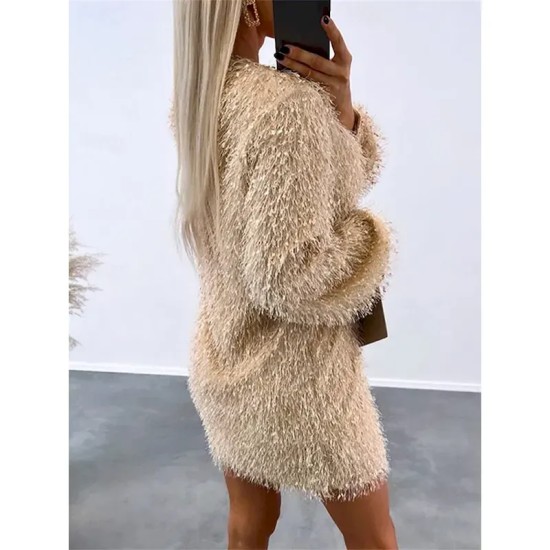 Women's Casual Dress Mini Dress Tassel Fringe Casual Crew Neck Long Sleeve Black Apricot Color 2025 Women's Casual Dress Mini Dress Tassel Fringe Casual Crew Neck Long Sleeve Black Apricot Color 2025