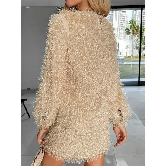 Women's Casual Dress Mini Dress Tassel Fringe Casual Crew Neck Long Sleeve Black Apricot Color 2025 Women's Casual Dress Mini Dress Tassel Fringe Casual Crew Neck Long Sleeve Black Apricot Color 2025