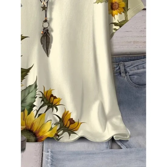 Women's T Shirt Casual Sunflower Print Short Sleeve Regular Tops V Neck Daily off-white Summer 2025 Women's T Shirt Casual Sunflower Print Short Sleeve Regular Tops V Neck Daily off-white Summer 2025