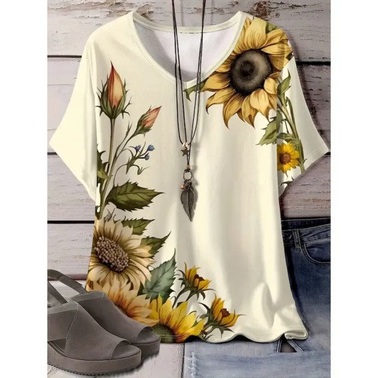 Women's T Shirt Casual Sunflower Print Short Sleeve Regular Tops V Neck Daily off-white Summer 2025 Women's T Shirt Casual Sunflower Print Short Sleeve Regular Tops V Neck Daily off-white Summer 2025