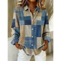 Women's Shirt Blouse Graphic Geometric Plaid Vintage Daily Stylish Long Sleeve Shirt Collar Regular Tops Daily Patchwork Buttons Print Maroon Denim Bl