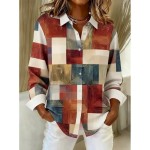 Women's Shirt Blouse Graphic Geometric Plaid Vintage Daily Stylish Long Sleeve Shirt Collar Regular Tops Daily Patchwork Buttons Print Maroon Denim Bl Women's Shirt Blouse Graphic Geometric Plaid Vintage Daily Stylish Long Sleeve Shirt Collar Regular Tops Daily Patchwork Buttons Print Maroon Denim Bl