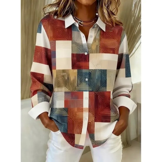 Women's Shirt Blouse Graphic Geometric Plaid Vintage Daily Stylish Long Sleeve Shirt Collar Regular Tops Daily Patchwork Buttons Print Maroon Denim Bl Women's Shirt Blouse Graphic Geometric Plaid Vintage Daily Stylish Long Sleeve Shirt Collar Regular Tops Daily Patchwork Buttons Print Maroon Denim Bl