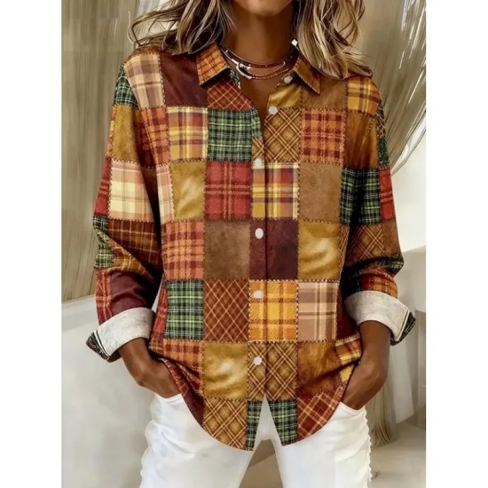 Women's Shirt Blouse Graphic Geometric Plaid Vintage Daily Stylish Long Sleeve Shirt Collar Regular Tops Daily Patchwork Buttons Print Maroon Denim Bl Women's Shirt Blouse Graphic Geometric Plaid Vintage Daily Stylish Long Sleeve Shirt Collar Regular Tops Daily Patchwork Buttons Print Maroon Denim Bl