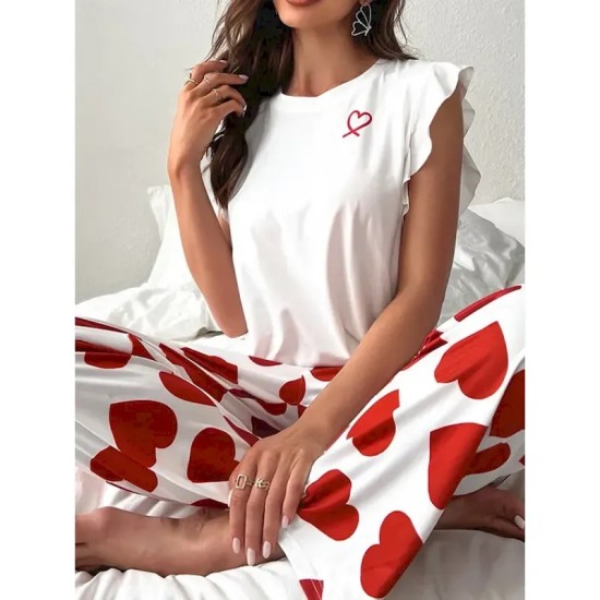 Women's Pajama Set Casual Comfort Heart Ruffle Elastic Waist Tank Top Pant Home Valentine's Day Daily Sleeveless Crew Neck Black Pink Red Summer Sprin Women's Pajama Set Casual Comfort Heart Ruffle Elastic Waist Tank Top Pant Home Valentine's Day Daily Sleeveless Crew Neck Black Pink Red Summer Sprin