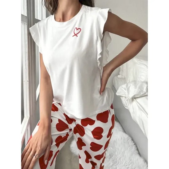 Women's Pajama Set Casual Comfort Heart Ruffle Elastic Waist Tank Top Pant Home Valentine's Day Daily Sleeveless Crew Neck Black Pink Red Summer Sprin Women's Pajama Set Casual Comfort Heart Ruffle Elastic Waist Tank Top Pant Home Valentine's Day Daily Sleeveless Crew Neck Black Pink Red Summer Sprin