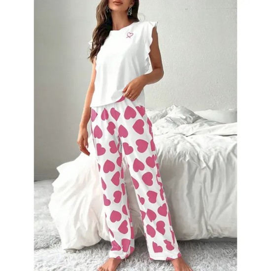 Women's Pajama Set Casual Comfort Heart Ruffle Elastic Waist Tank Top Pant Home Valentine's Day Daily Sleeveless Crew Neck Black Pink Red Summer Sprin Women's Pajama Set Casual Comfort Heart Ruffle Elastic Waist Tank Top Pant Home Valentine's Day Daily Sleeveless Crew Neck Black Pink Red Summer Sprin