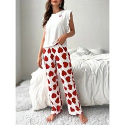 Women's Pajama Set Casual Comfort Heart Ruffle Elastic Waist Tank Top Pant Home Valentine's Day Daily Sleeveless Crew Neck Black Pink Red Summer Sprin