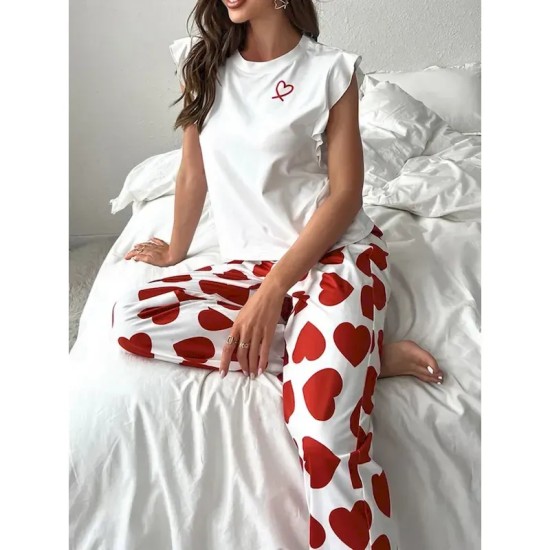 Women's Pajama Set Casual Comfort Heart Ruffle Elastic Waist Tank Top Pant Home Valentine's Day Daily Sleeveless Crew Neck Black Pink Red Summer Sprin Women's Pajama Set Casual Comfort Heart Ruffle Elastic Waist Tank Top Pant Home Valentine's Day Daily Sleeveless Crew Neck Black Pink Red Summer Sprin