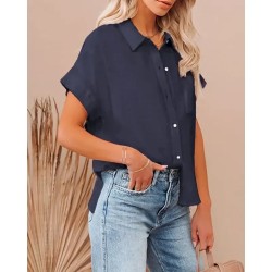 Women's Shirt Linen-Inspired Shirts Button Up Blouse Plain Casual Short Sleeve Shirt Collar Regular Tops Daily Buttons Pocket Black White Army Green N