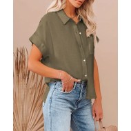 Women's Shirt Linen-Inspired Shirts Button Up Blouse Plain Casual Short Sleeve Shirt Collar Regular Tops Daily Buttons Pocket Black White Army Green N