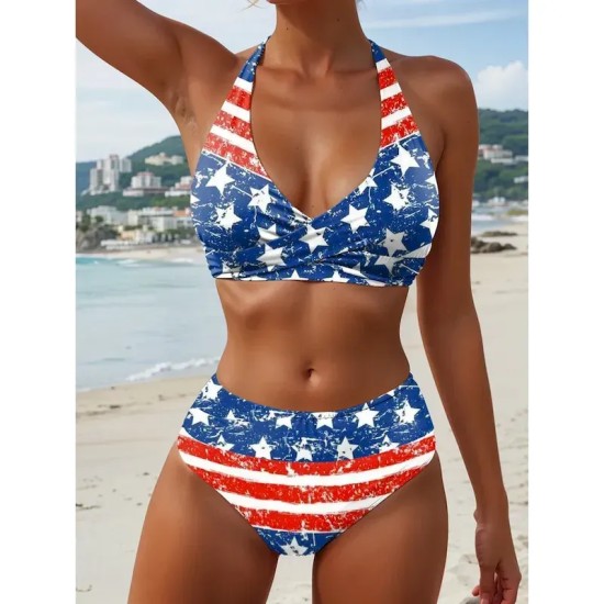 Women's Swimwear Patriotic Bikini 2 Piece Cheeky Swimsuit Backless Vacation Beach Wear Graphic Flag Halter Neck Sleeveless Bathing Suits 2025 Women's Swimwear Patriotic Bikini 2 Piece Cheeky Swimsuit Backless Vacation Beach Wear Graphic Flag Halter Neck Sleeveless Bathing Suits 2025