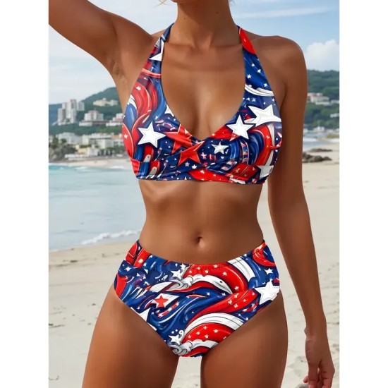 Women's Swimwear Patriotic Bikini 2 Piece Cheeky Swimsuit Backless Vacation Beach Wear Graphic Flag Halter Neck Sleeveless Bathing Suits 2025 Women's Swimwear Patriotic Bikini 2 Piece Cheeky Swimsuit Backless Vacation Beach Wear Graphic Flag Halter Neck Sleeveless Bathing Suits 2025
