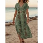 Women's Maxi Dress Casual Dress A Line Dress Stylish Casual Vacation Daily Regular Fit Floral Short Sleeve V Neck White Light Green Blue Green Summer Women's Maxi Dress Casual Dress A Line Dress Stylish Casual Vacation Daily Regular Fit Floral Short Sleeve V Neck White Light Green Blue Green Summer