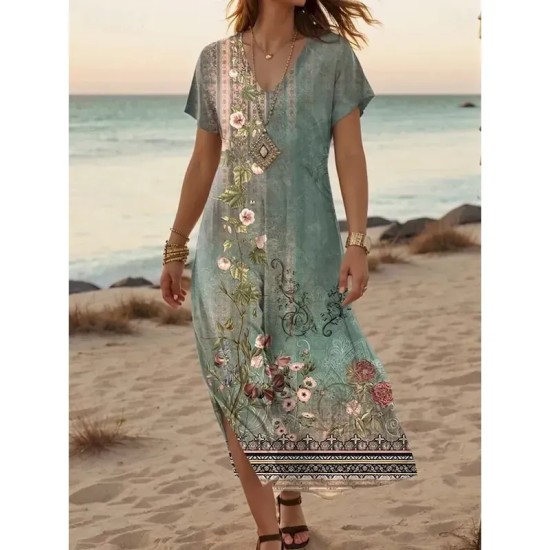 Women's Maxi Dress Casual Dress A Line Dress Stylish Casual Vacation Daily Regular Fit Floral Short Sleeve V Neck White Light Green Blue Green Summer Women's Maxi Dress Casual Dress A Line Dress Stylish Casual Vacation Daily Regular Fit Floral Short Sleeve V Neck White Light Green Blue Green Summer