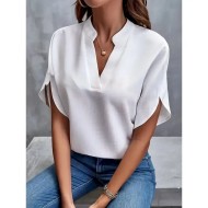 Women's Shirt Linen-Inspired Shirts Blouse Solid Color Basic Casual Short Sleeve Notched Neck Regular Tops Daily White Pink Summer 2025