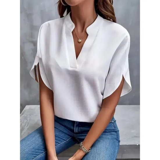 Women's Shirt Linen-Inspired Shirts Blouse Solid Color Basic Casual Short Sleeve Notched Neck Regular Tops Daily White Pink Summer 2025 Women's Shirt Linen-Inspired Shirts Blouse Solid Color Basic Casual Short Sleeve Notched Neck Regular Tops Daily White Pink Summer 2025
