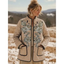 Women's Winter Jacket Quilted Jacket Warm Lightweight Embroidered Print Active Vintage Cute Artistic Floral Casual Short Stand Collar Regular Fit Long