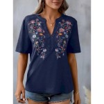 Women's Shirt Blouse Floral Stylish Casual Short Sleeve Notched Neck Regular Tops Daily Embroidered Army Green Navy Blue Summer 2025 Women's Shirt Blouse Floral Stylish Casual Short Sleeve Notched Neck Regular Tops Daily Embroidered Army Green Navy Blue Summer 2025