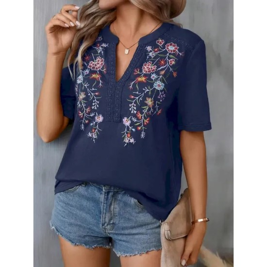 Women's Shirt Blouse Floral Stylish Casual Short Sleeve Notched Neck Regular Tops Daily Embroidered Army Green Navy Blue Summer 2025 Women's Shirt Blouse Floral Stylish Casual Short Sleeve Notched Neck Regular Tops Daily Embroidered Army Green Navy Blue Summer 2025