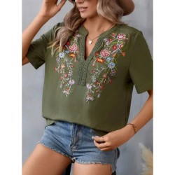 Women's Shirt Blouse Floral Stylish Casual Short Sleeve Notched Neck Regular Tops Daily Embroidered Army Green Navy Blue Summer 2025