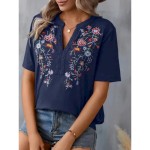 Women's Shirt Blouse Floral Stylish Casual Short Sleeve Notched Neck Regular Tops Daily Embroidered Army Green Navy Blue Summer 2025 Women's Shirt Blouse Floral Stylish Casual Short Sleeve Notched Neck Regular Tops Daily Embroidered Army Green Navy Blue Summer 2025
