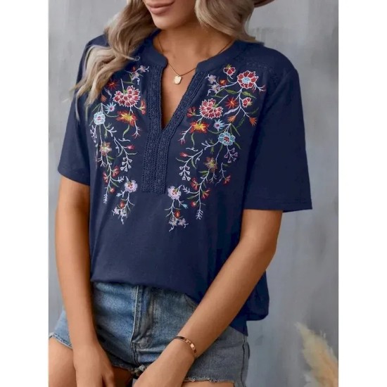 Women's Shirt Blouse Floral Stylish Casual Short Sleeve Notched Neck Regular Tops Daily Embroidered Army Green Navy Blue Summer 2025 Women's Shirt Blouse Floral Stylish Casual Short Sleeve Notched Neck Regular Tops Daily Embroidered Army Green Navy Blue Summer 2025