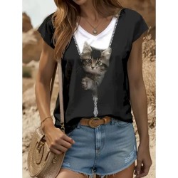 Women's Animal Cat Camisole Tank Top Vintage Tropical Stylish Sleeveless Short Sleeve Crew Neck V Neck Round Neck Regular Tops Daily Print Black and W
