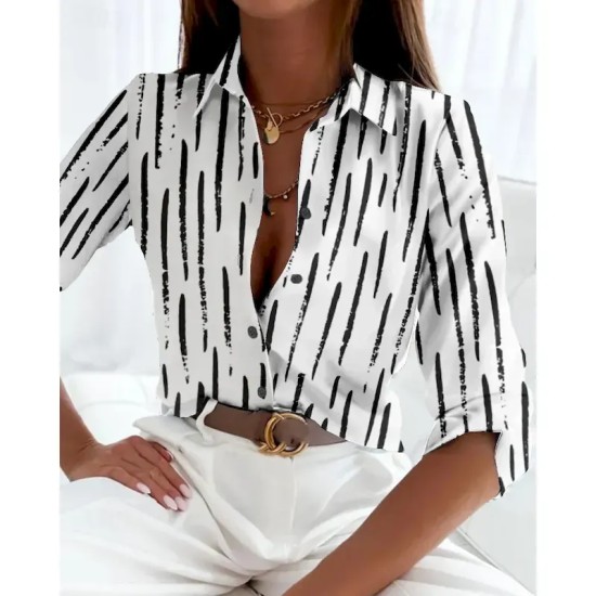Women's Shirt Long Sleeve Button Down Blouse Basic Striped Buttons Print Regular Tops Shirt Collar Casual Black White Spring Fall 2025 Women's Shirt Long Sleeve Button Down Blouse Basic Striped Buttons Print Regular Tops Shirt Collar Casual Black White Spring Fall 2025