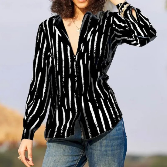 Women's Shirt Long Sleeve Button Down Blouse Basic Striped Buttons Print Regular Tops Shirt Collar Casual Black White Spring Fall 2025 Women's Shirt Long Sleeve Button Down Blouse Basic Striped Buttons Print Regular Tops Shirt Collar Casual Black White Spring Fall 2025