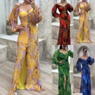 Women's Long Dress Maxi Dress Party Dress Ruched Dress Fashion Party Evening Party Regular Fit Flower Long Sleeve V Neck Yellow Wine Blue Green Summer