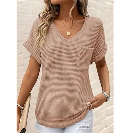 Women's Blouse Solid Color Stylish Casual Short Sleeve V Neck Regular Tops Daily Pocket Black White Pink Green Summer 2025 Women's Blouse Solid Color Stylish Casual Short Sleeve V Neck Regular Tops Daily Pocket Black White Pink Green Summer 2025