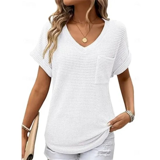 Women's Blouse Solid Color Stylish Casual Short Sleeve V Neck Regular Tops Daily Pocket Black White Pink Green Summer 2025 Women's Blouse Solid Color Stylish Casual Short Sleeve V Neck Regular Tops Daily Pocket Black White Pink Green Summer 2025
