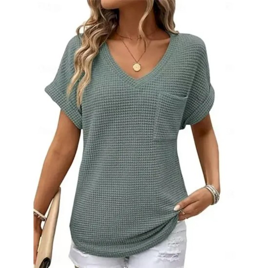 Women's Blouse Solid Color Stylish Casual Short Sleeve V Neck Regular Tops Daily Pocket Black White Pink Green Summer 2025 Women's Blouse Solid Color Stylish Casual Short Sleeve V Neck Regular Tops Daily Pocket Black White Pink Green Summer 2025