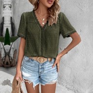 Women's Shirt Blouse Casual Lace Short Sleeve Regular Tops V Neck Daily White Army Green Navy Blue Khaki Summer 2025