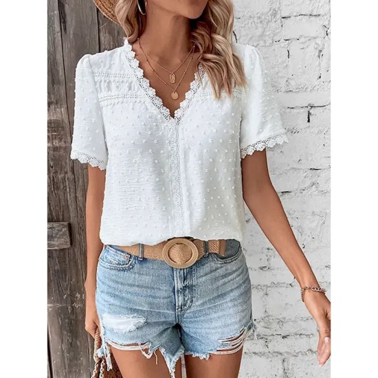 Women's Shirt Blouse Casual Lace Short Sleeve Regular Tops V Neck Daily White Army Green Navy Blue Khaki Summer 2025 Women's Shirt Blouse Casual Lace Short Sleeve Regular Tops V Neck Daily White Army Green Navy Blue Khaki Summer 2025