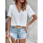 Women's Shirt Blouse Casual Lace Short Sleeve Regular Tops V Neck Daily White Army Green Navy Blue Khaki Summer 2025 Women's Shirt Blouse Casual Lace Short Sleeve Regular Tops V Neck Daily White Army Green Navy Blue Khaki Summer 2025