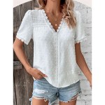 Women's Shirt Blouse Casual Lace Short Sleeve Regular Tops V Neck Daily White Army Green Navy Blue Khaki Summer 2025 Women's Shirt Blouse Casual Lace Short Sleeve Regular Tops V Neck Daily White Army Green Navy Blue Khaki Summer 2025
