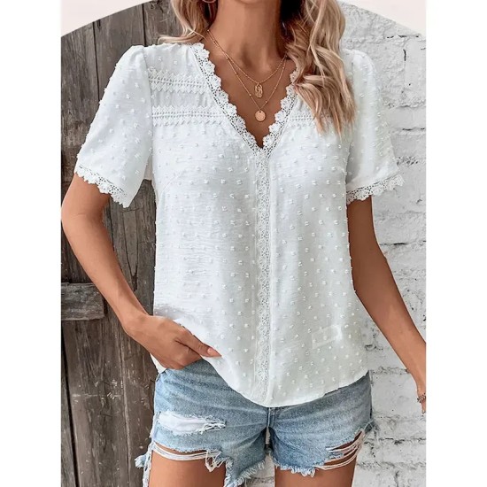 Women's Shirt Blouse Casual Lace Short Sleeve Regular Tops V Neck Daily White Army Green Navy Blue Khaki Summer 2025 Women's Shirt Blouse Casual Lace Short Sleeve Regular Tops V Neck Daily White Army Green Navy Blue Khaki Summer 2025