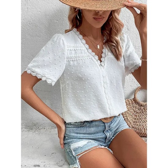 Women's Shirt Blouse Casual Lace Short Sleeve Regular Tops V Neck Daily White Army Green Navy Blue Khaki Summer 2025 Women's Shirt Blouse Casual Lace Short Sleeve Regular Tops V Neck Daily White Army Green Navy Blue Khaki Summer 2025
