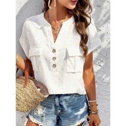 Women's Shirt Linen-Inspired Shirts Blouse Solid Color Stylish Casual Short Sleeve Notched Neck Regular Tops Daily Lace Patchwork Buttons Black White Women's Shirt Linen-Inspired Shirts Blouse Solid Color Stylish Casual Short Sleeve Notched Neck Regular Tops Daily Lace Patchwork Buttons Black White