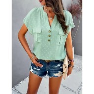 Women's Shirt Linen-Inspired Shirts Blouse Solid Color Stylish Casual Short Sleeve Notched Neck Regular Tops Daily Lace Patchwork Buttons Black White