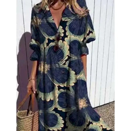 Women's Maxi Dress Shirt Dress Casual Dress Stylish Casual Vacation Daily Regular Fit Floral 3\/4 Length Sleeve Shirt Collar Red Navy Blue Summer 2025 Women's Maxi Dress Shirt Dress Casual Dress Stylish Casual Vacation Daily Regular Fit Floral 3\/4 Length Sleeve Shirt Collar Red Navy Blue Summer 2025