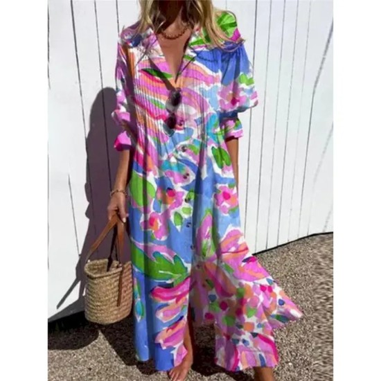 Women's Maxi Dress Shirt Dress Casual Dress Stylish Casual Vacation Daily Regular Fit Floral 3\/4 Length Sleeve Shirt Collar Red Navy Blue Summer 2025 Women's Maxi Dress Shirt Dress Casual Dress Stylish Casual Vacation Daily Regular Fit Floral 3\/4 Length Sleeve Shirt Collar Red Navy Blue Summer 2025