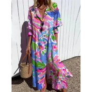 Women's Maxi Dress Shirt Dress Casual Dress Stylish Casual Vacation Daily Regular Fit Floral 3\/4 Length Sleeve Shirt Collar Red Navy Blue Summer 2025