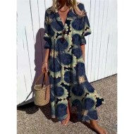 Women's Maxi Dress Shirt Dress Casual Dress Stylish Casual Vacation Daily Regular Fit Floral 3\/4 Length Sleeve Shirt Collar Red Navy Blue Summer 2025 Women's Maxi Dress Shirt Dress Casual Dress Stylish Casual Vacation Daily Regular Fit Floral 3\/4 Length Sleeve Shirt Collar Red Navy Blue Summer 2025