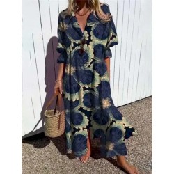 Women's Maxi Dress Shirt Dress Casual Dress Stylish Casual Vacation Daily Regular Fit Floral 3\/4 Length Sleeve Shirt Collar Red Navy Blue Summer 2025