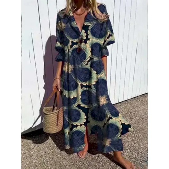 Women's Maxi Dress Shirt Dress Casual Dress Stylish Casual Vacation Daily Regular Fit Floral 3\/4 Length Sleeve Shirt Collar Red Navy Blue Summer 2025 Women's Maxi Dress Shirt Dress Casual Dress Stylish Casual Vacation Daily Regular Fit Floral 3\/4 Length Sleeve Shirt Collar Red Navy Blue Summer 2025