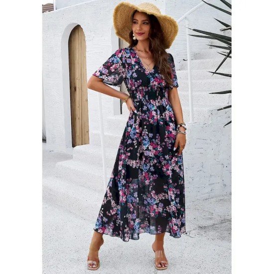 Women's Sheath Dress Chiffon Dress Sundress Floral Graphic Elastic Waist Print V Neck Cold Shoulder Long Dress Maxi Dress Elegant Tropical Party Date Women's Sheath Dress Chiffon Dress Sundress Floral Graphic Elastic Waist Print V Neck Cold Shoulder Long Dress Maxi Dress Elegant Tropical Party Date